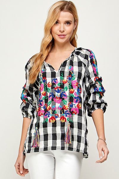 Black Check Embroidery Top