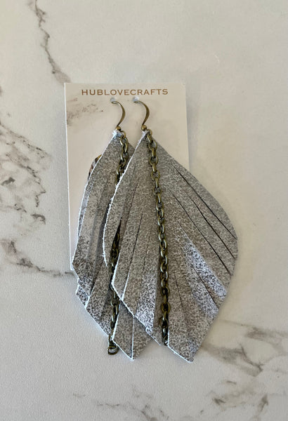 Large Leather Feather Earring- Silver