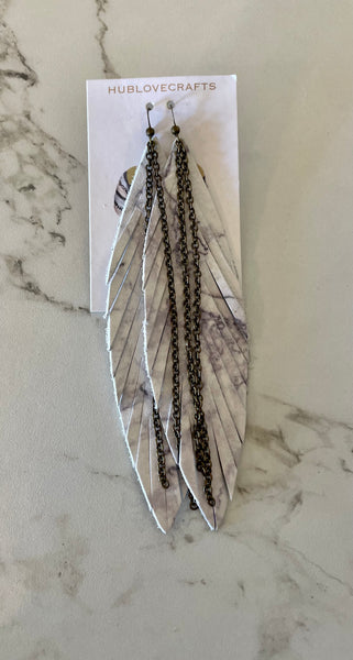 Large Leather Feather Earring- Marble