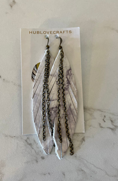 Medium Leather Feather Earring- Marble Stix