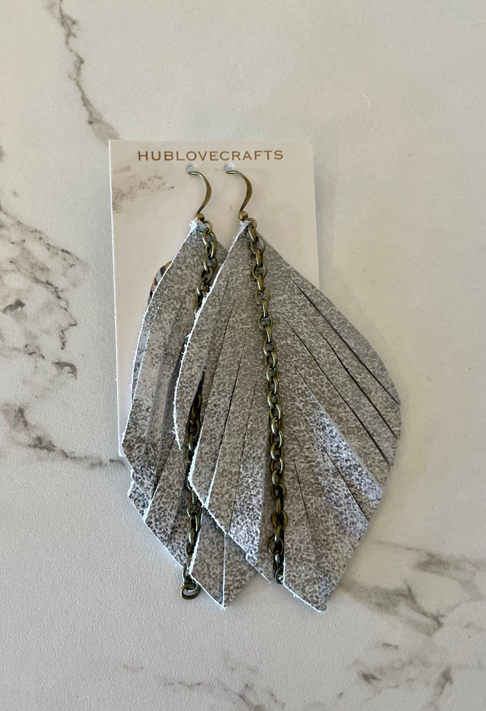 Large Leather Feather Earring- Silver